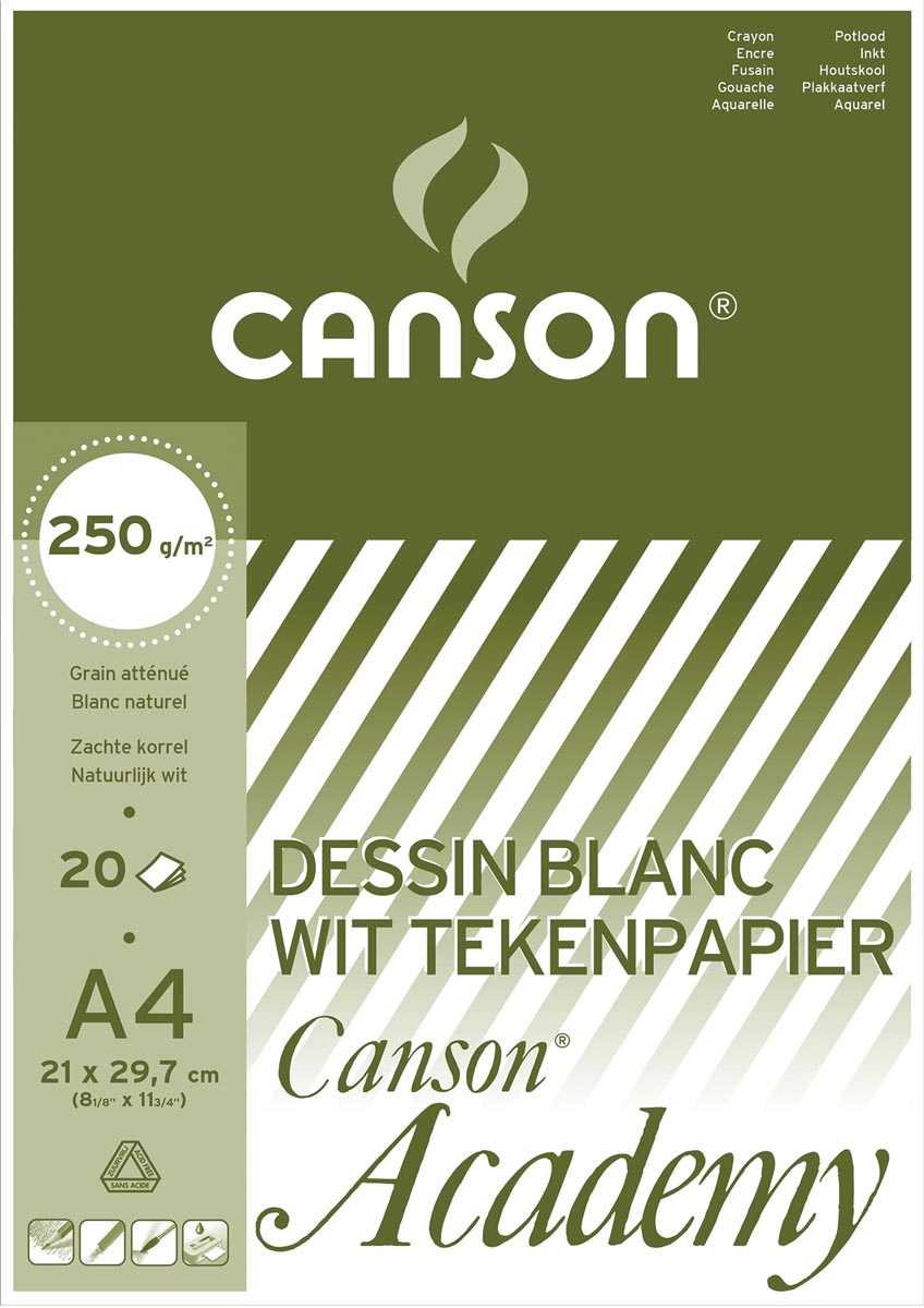 Canson tekenpapier Academy, 250 g, ft 21 x 29,7 cm, A4, blok van 20 vel afbeelding