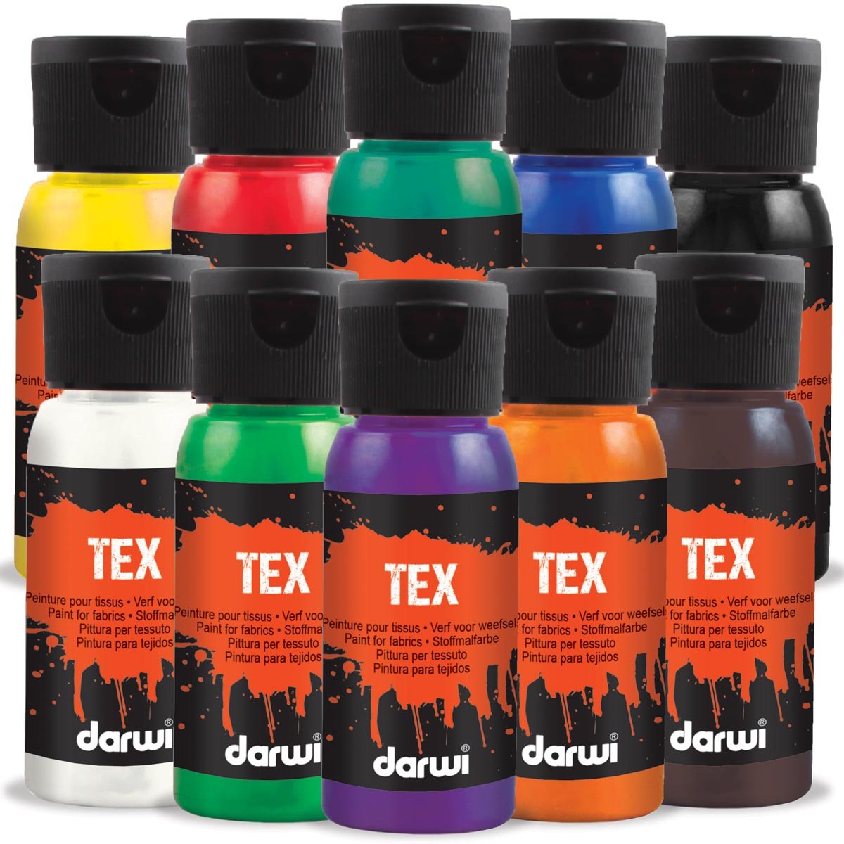 Darwi textielverf Tex, 50 ml, etuivan 10 stuks in geassorteerde kleuren Darwi textielverf Tex, 50 ml, etuivan 10 stuks in geassorteerde kleuren