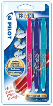 Pilot roller Frixion Ball blister van 3 stuks roze, turkoois en violet