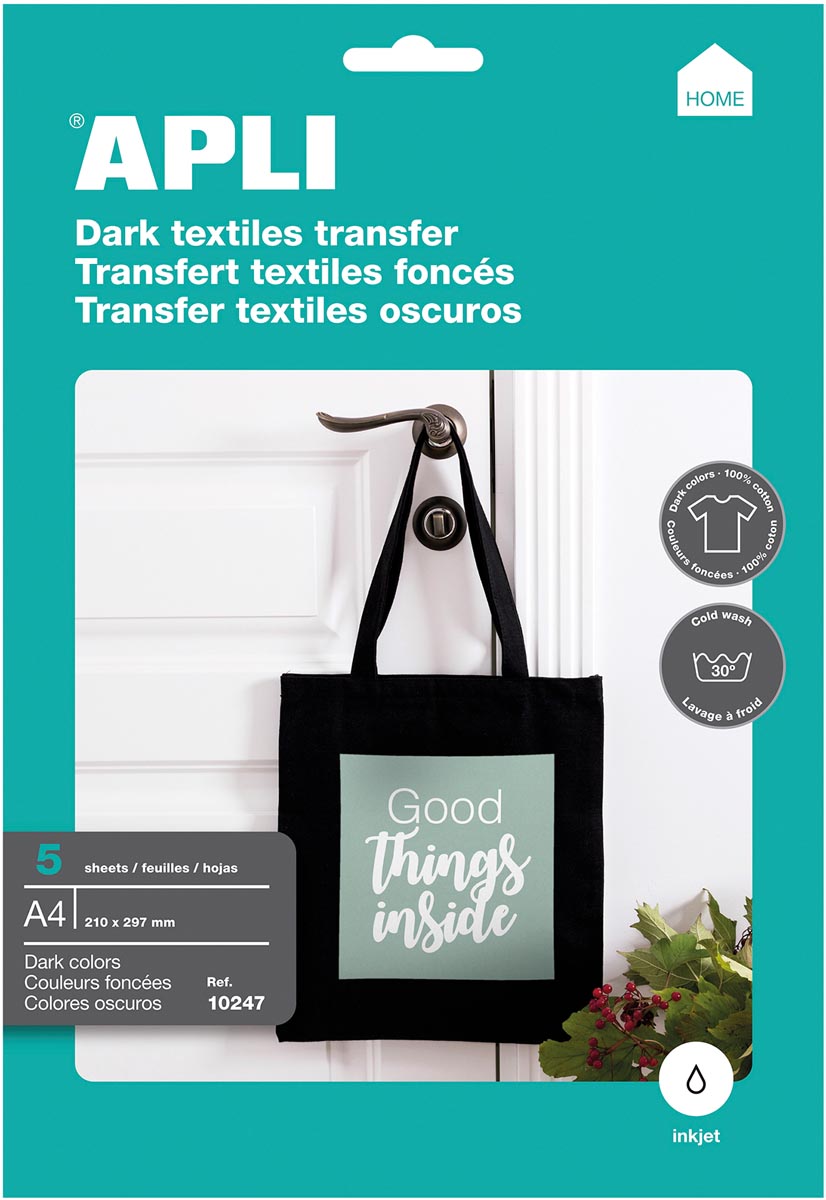 Apli T-shirt Transfer Paper voor donker of zwart textiel, pak met 5 vellen afbeelding