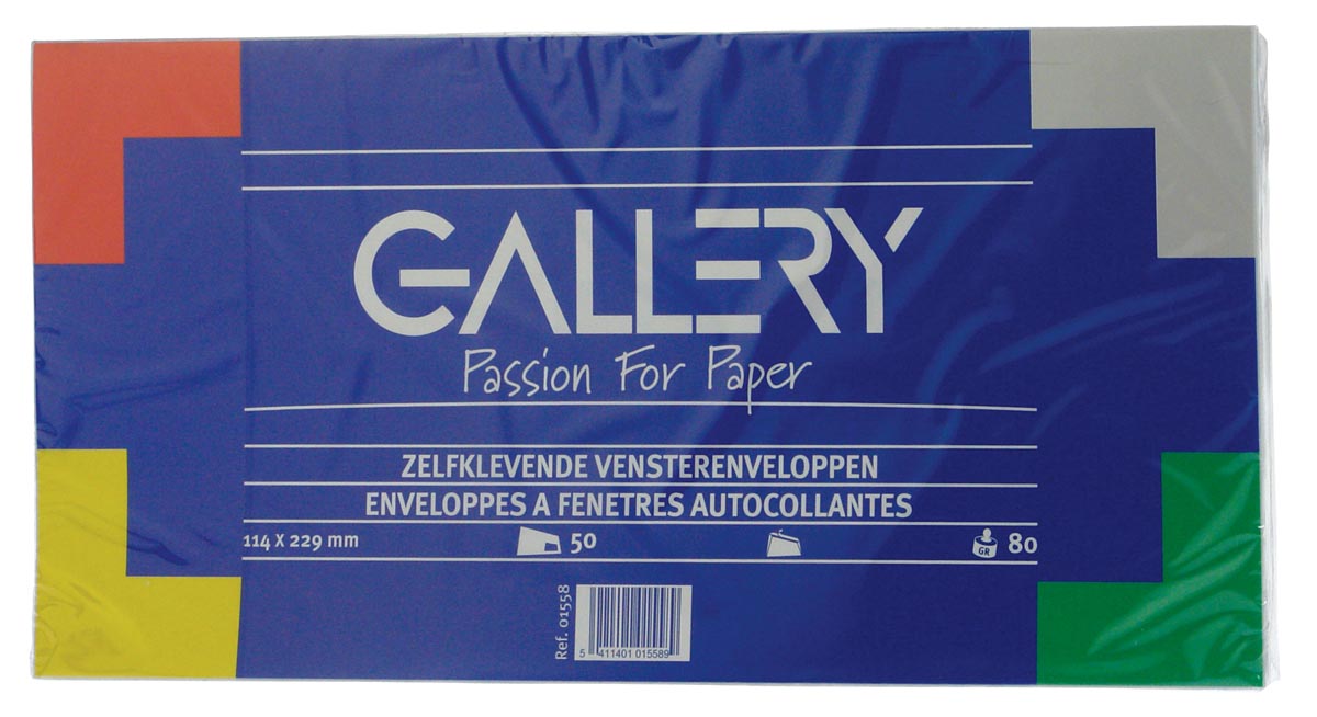 Gallery enveloppen ft 114 x 229 mm, met venster rechts, stripsluiting, pak van 50 stuks