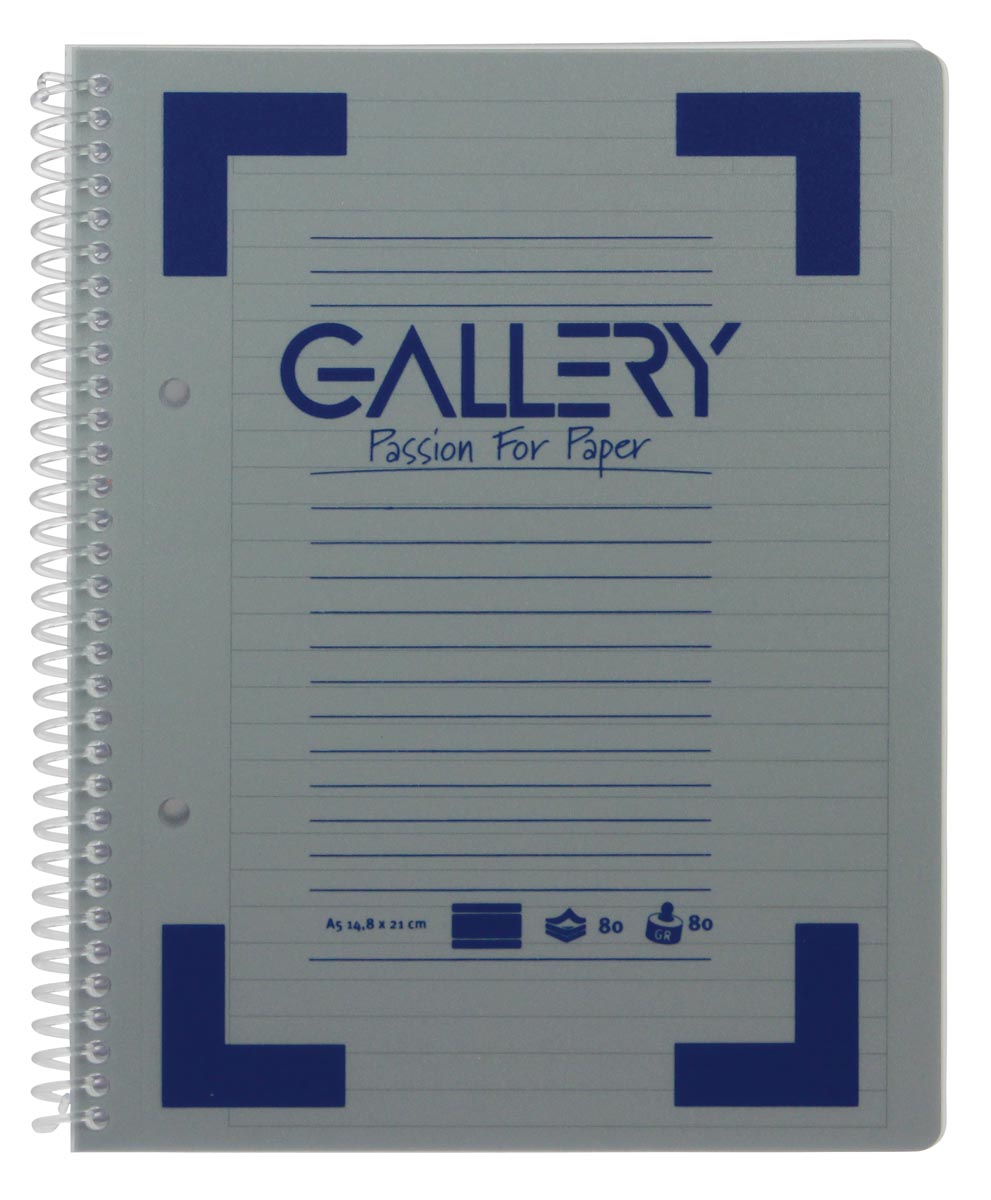 Gallery cahier à reliure spirale Traditional A5, 2 trous, ligné, couleurs assorties, 160 pages