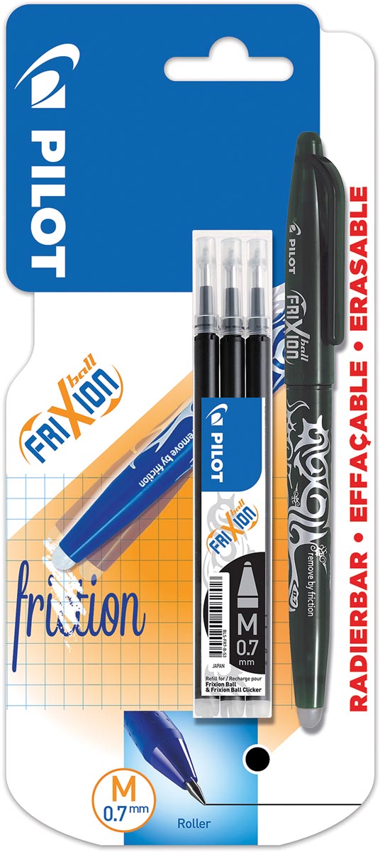 Pilot gelroller Frixion Ball, blister van 4 stuks (1 gelroller + 3 vullingen), zwart afbeelding