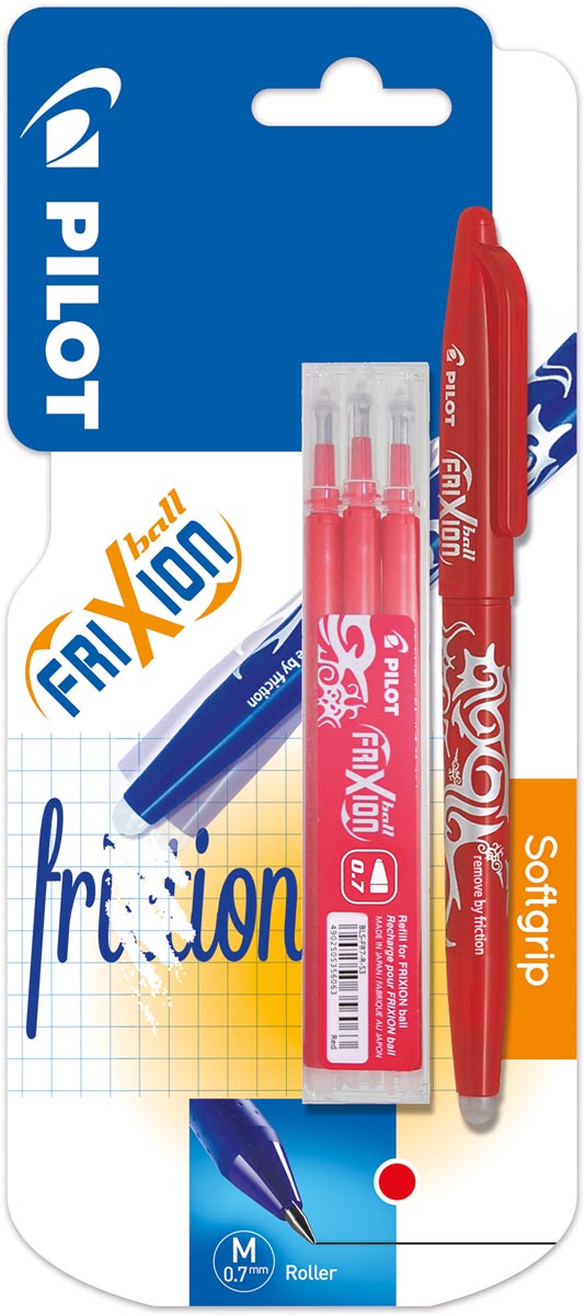 Pilot gelroller Frixion Ball, blister van 4 stuks (1 gelroller + 3 vullingen), rood