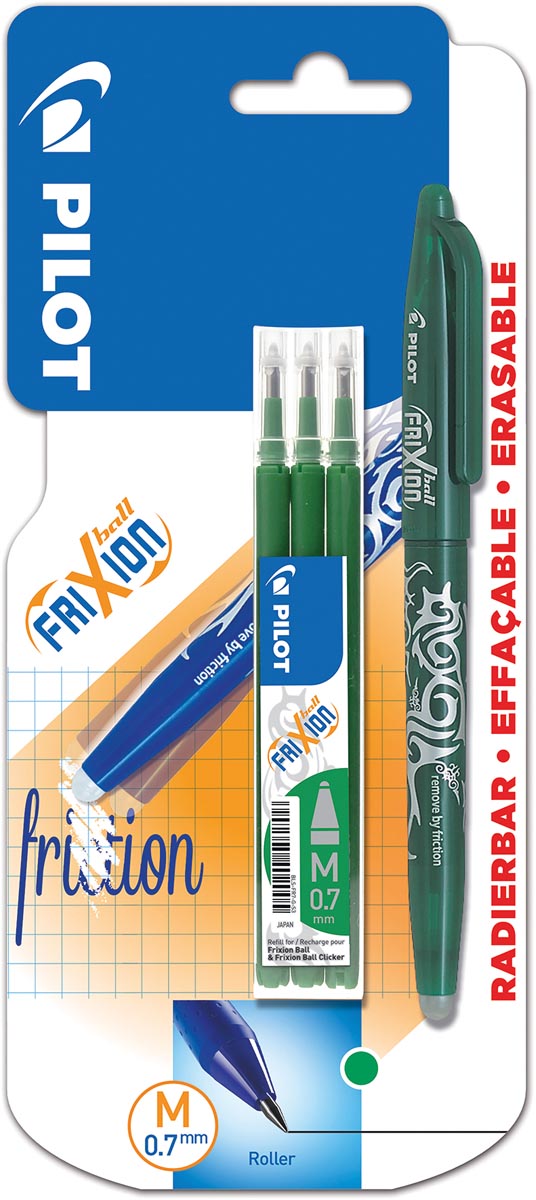 Pilot gelroller Frixion Ball, blister van 4 stuks (1 gelroller + 3 vullingen), groen afbeelding