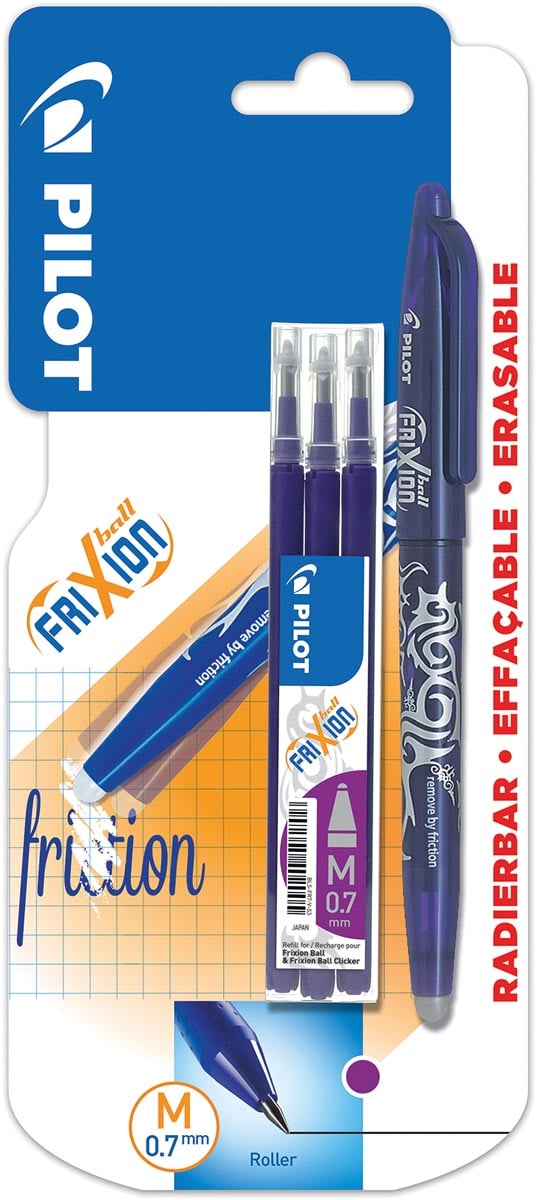Pilot gelroller Frixion Ball, blister van 4 stuks (1 gelroller + 3 vullingen), paars afbeelding
