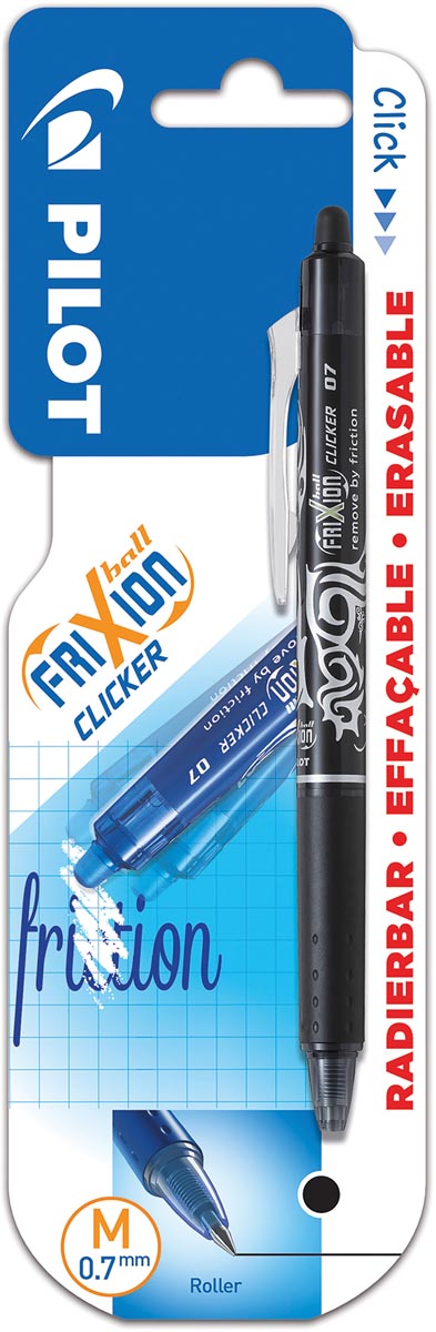 Pilot balpen FriXion Ball Clicker, schrijfbreedte 0,7 mm, medium punt, op blister, zwart