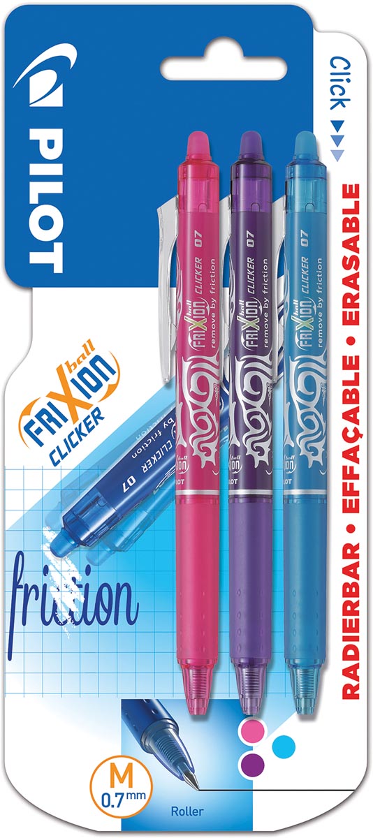 Pilot balpen FriXion Ball Clicker, schrijfbreedte 0,7 mm, medium punt, blister van 3 stuks