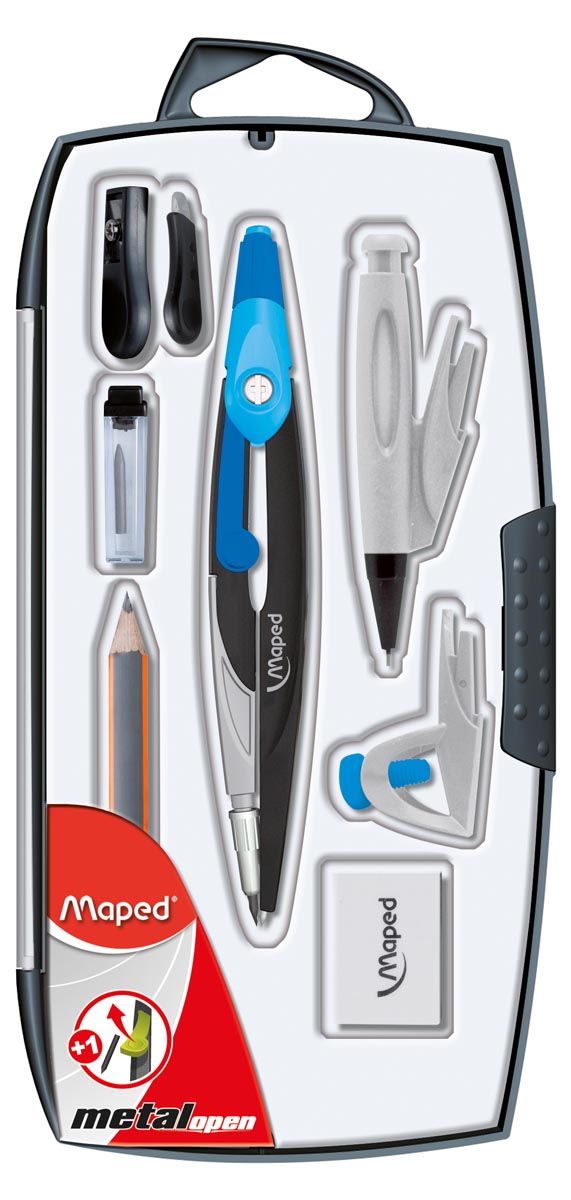 Maped passer Metal Open 8-delige passerdoos: - 1 passer Metal Open - 1 balpen - 1 potloodinzetstuk .