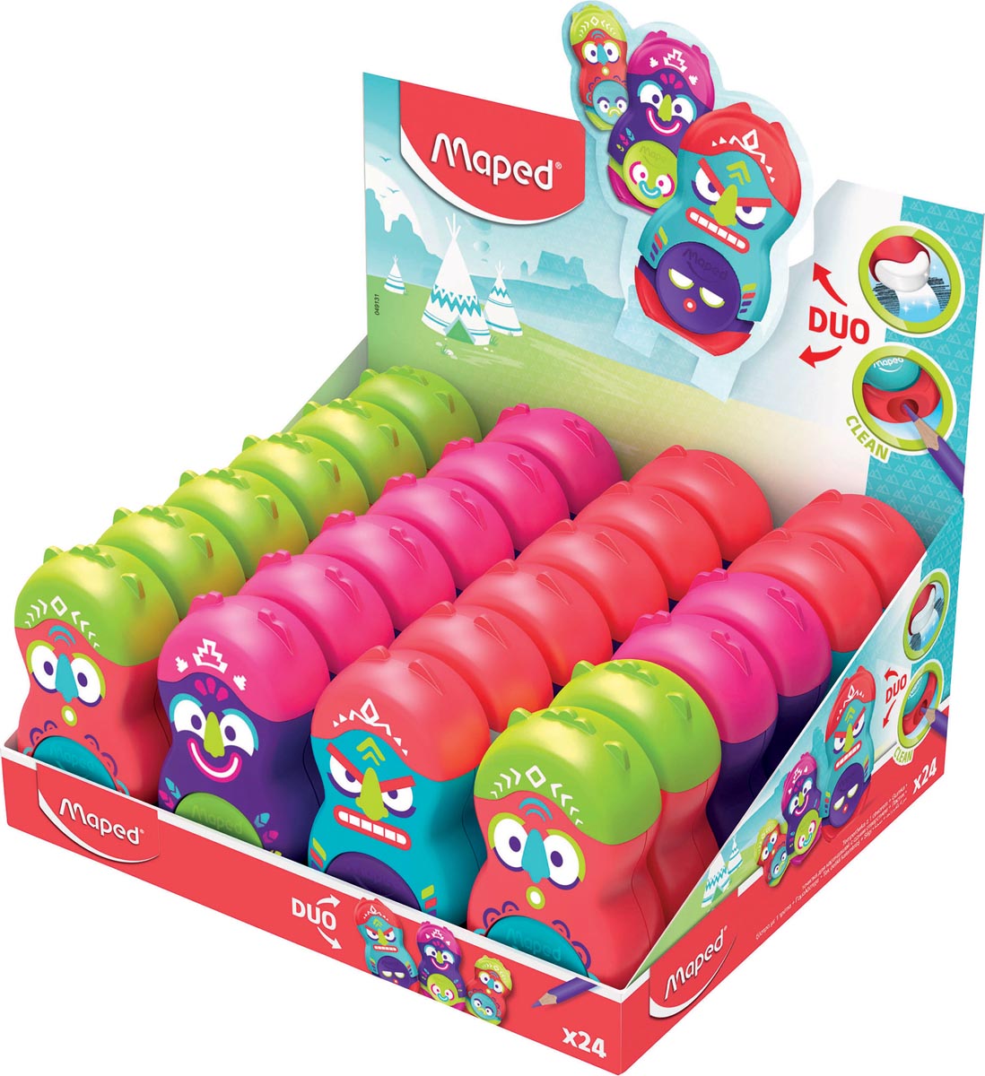 Maped potloodslijper + gom Loopy Totem, display met 24 stuks in geassorteerde kleuren