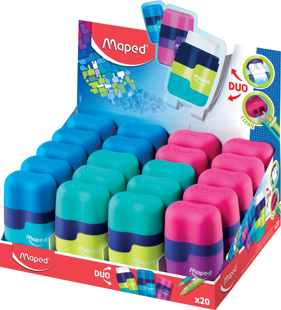 Maped potloodslijper + gom Connect Soft Touch, display met 20 stuks in geassorteerde kleuren
