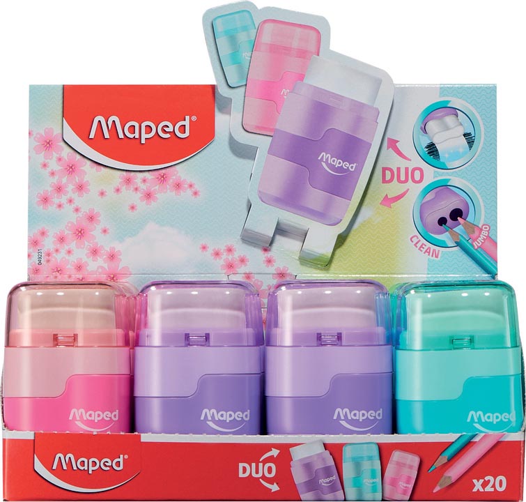 Maped potloodslijper + gum Connect, display van 20 stuks in geassorteerde pastel kleuren