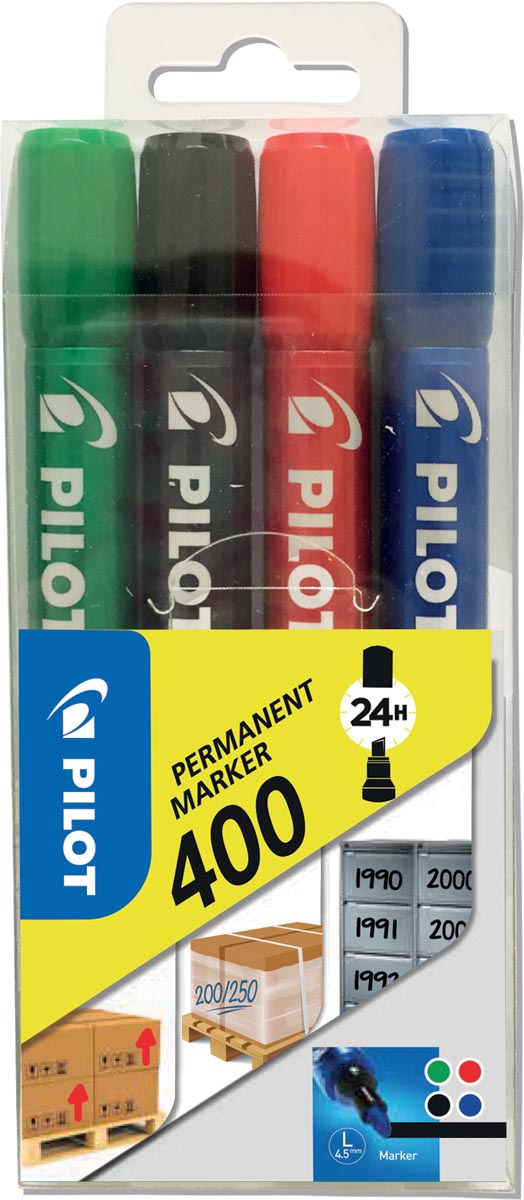 Pilot permanent marker 400, blister met 4 stuks in geassorteerde kleuren