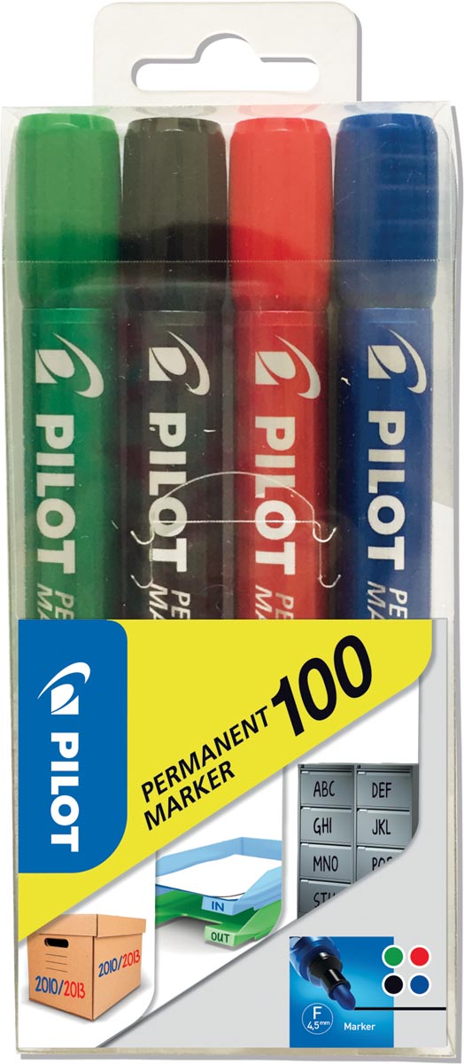 Pilot permanent marker 100, blister met 4 stuks in geassorteerde kleuren