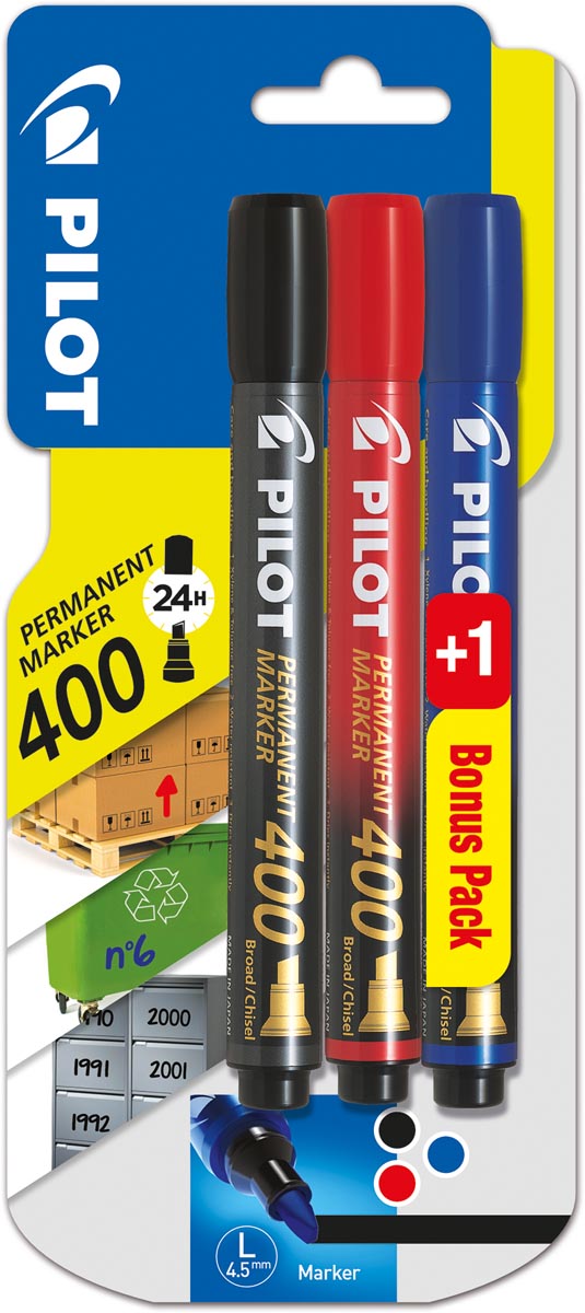 Pilot permanent marker 400, blister met 3 stuks (2 + 1 GARTIS) in geassorteerde kleuren