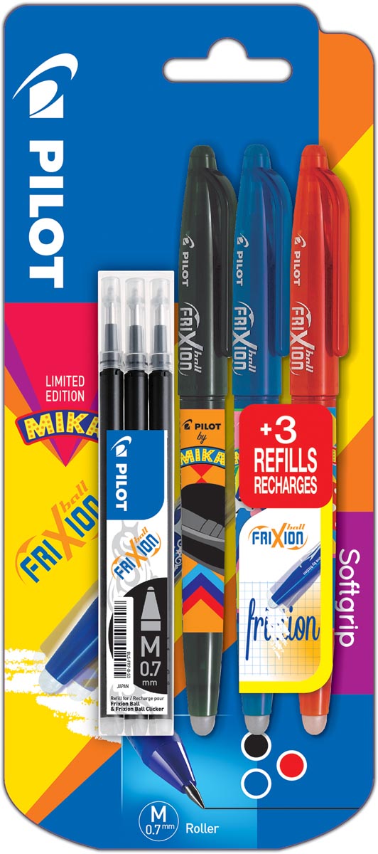 Pilot roller FriXion Ball Mika, blister van 3 stuks in geassorteerde kleuren + gratis refill zwart afbeelding