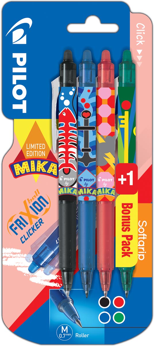 Pilot roller FriXion Clicker Mika, blister van 3+1 stuks in geassorteerde kleuren, groen gratis