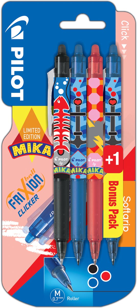 Pilot roller FriXion Clicker Mika, blister van 3+1 stuks in geassorteerde kleuren, blauw gratis