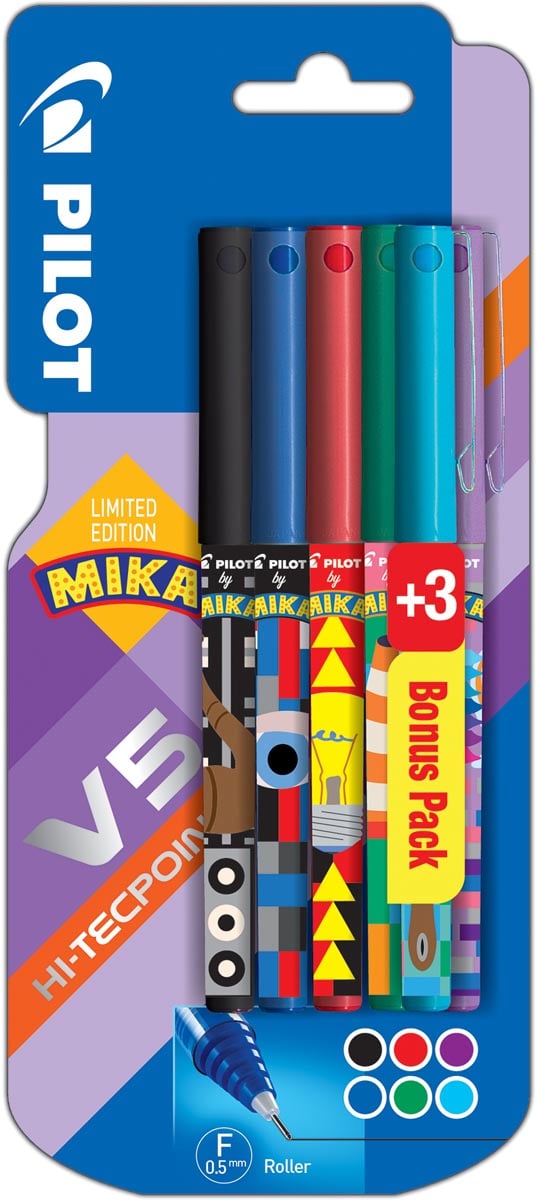 Pilot roller V-5 Mika, blister van 3+3 stuks gratis in geassorteerde kleuren afbeelding