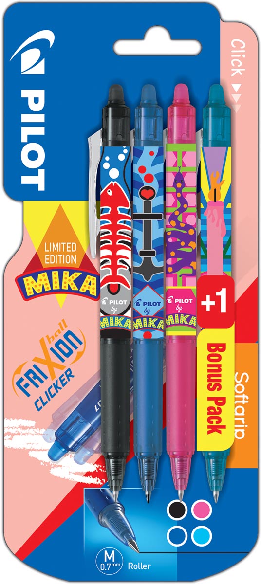 Pilot roller FriXion Clicker Mika, blister van 3+1 stuks in geassorteerde kleuren, lichtblauw gratis