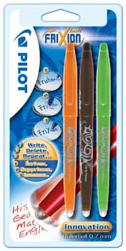 Pilot roller Frixion Ball blister van 3 stuks oranje, bruin en lichtgroen