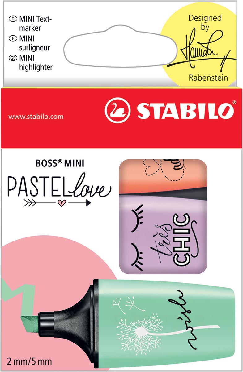 STABILO BOSS MINI Pastellove markeerstift, doosje van 3 stuks in geassorteerde pastelkleuren