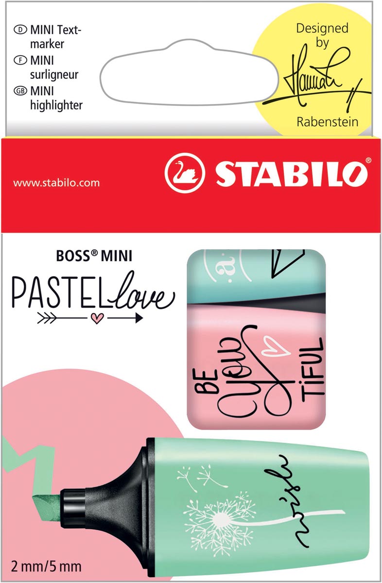 STABILO BOSS MINI Pastellove markeerstift, doosje van 3 stuks in geassorteerde pastelkleuren STABILO BOSS MINI Pastellove markeerstift, doosje van 3 stuks in geassorteerde pastelkleuren