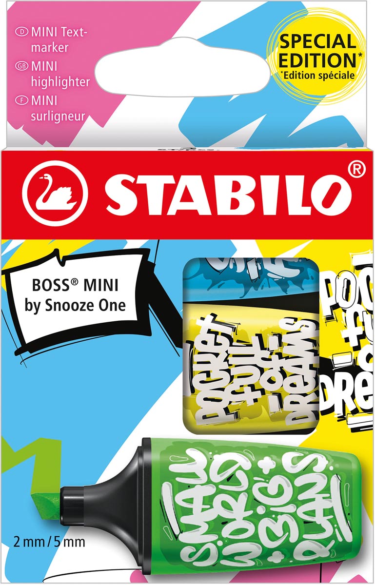 STABILO BOSS MINI Snooze One markeerstift, etui van 3 stuks: geel, groen en blauw STABILO BOSS MINI Snooze One markeerstift, etui van 3 stuks: geel, groen en blauw