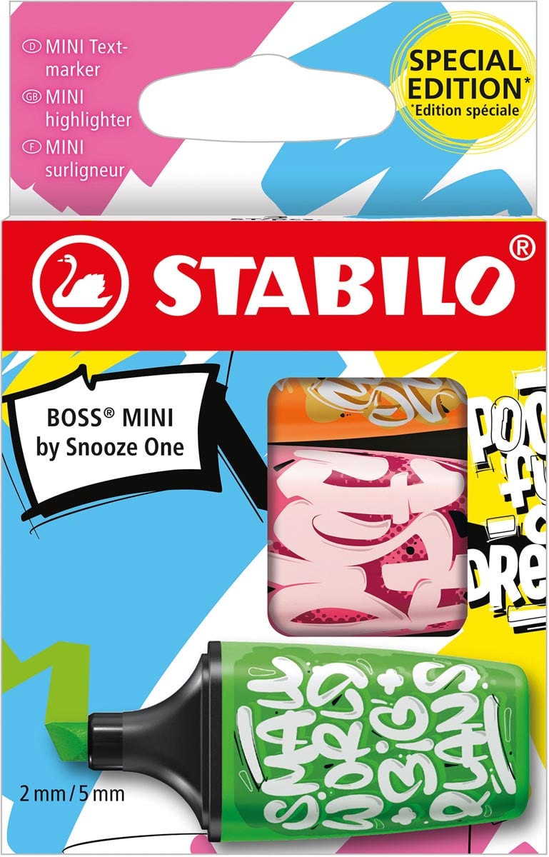 Stabilo BOSS MINI Snooze One markeerstift etui van 3 stuks: oranje groen en roze