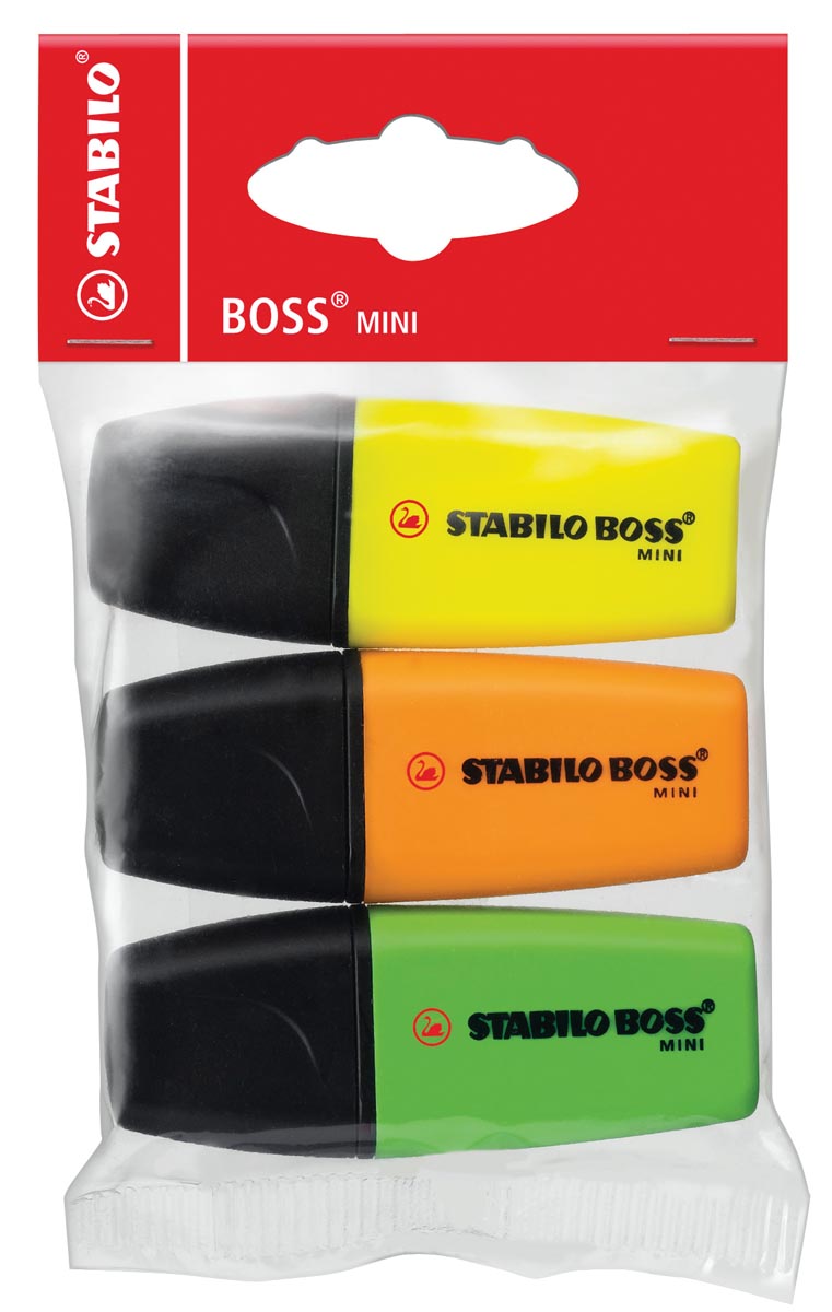 STABILO BOSS MINI markeerstift, etui van 3 stuks in geel, groen en oranje