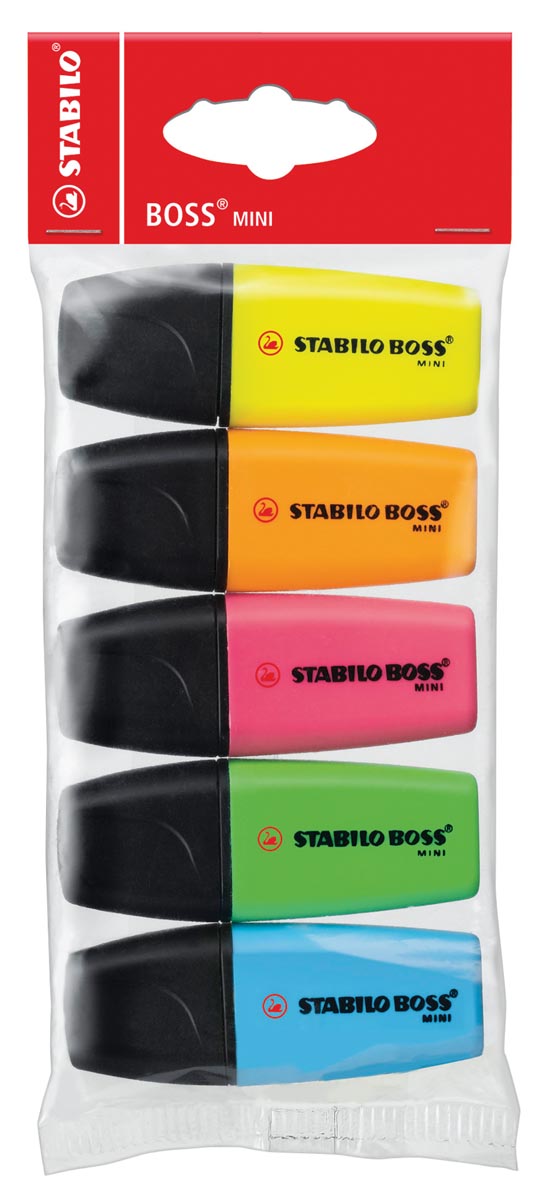 STABILO BOSS MINI markeerstift, etui van 5 stuks in blauw, geel, groen, oranje en roze