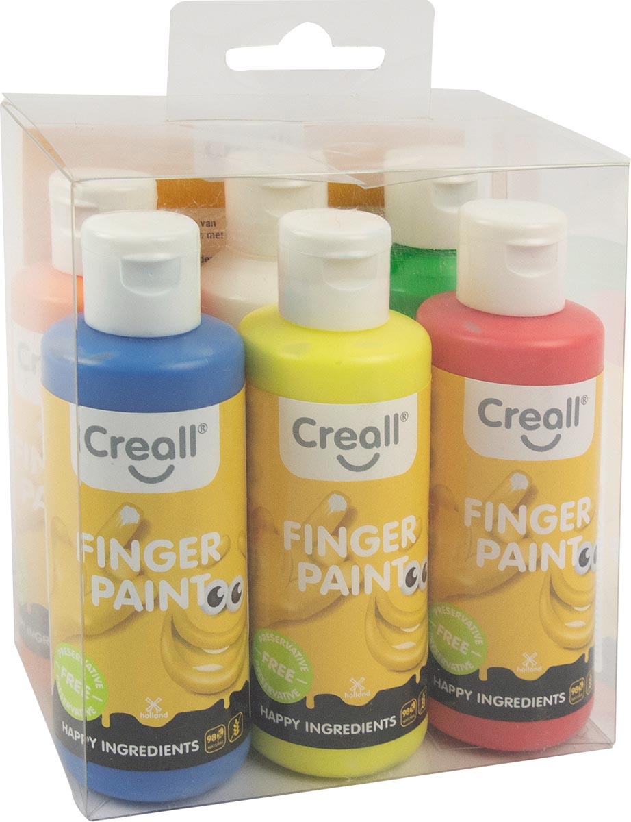 Creall vingerverf Happy, set met 6 flesjes van 80 ml in geassorteerde kleuren