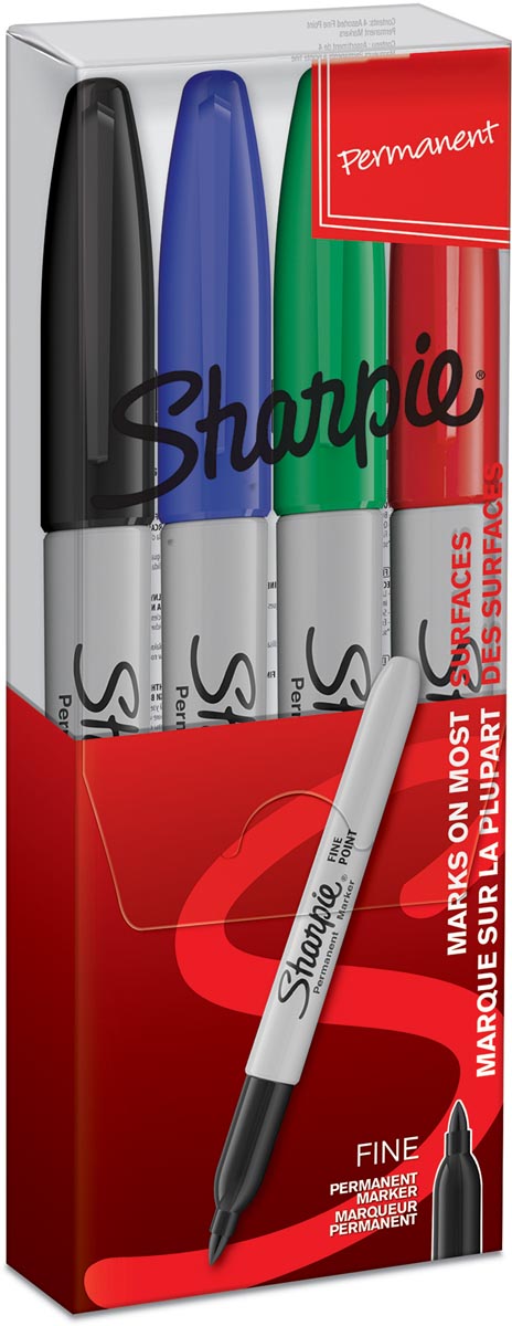 Sharpie permanente marker, fijn, etui van 4 stuks in geassorteerde kleuren Sharpie permanente marker, fijn, etui van 4 stuks in geassorteerde kleuren