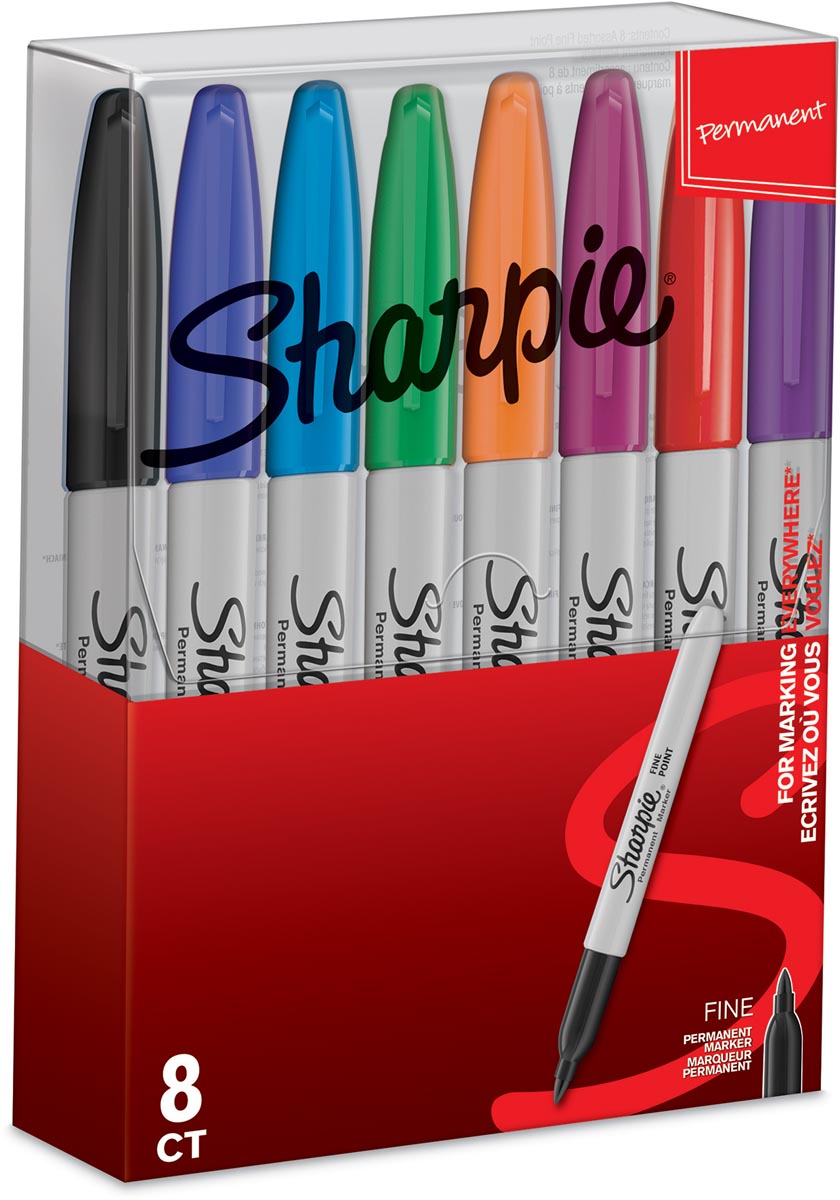 Sharpie permanente marker, fijn, etui van 8 stuks in geassorteerde kleuren