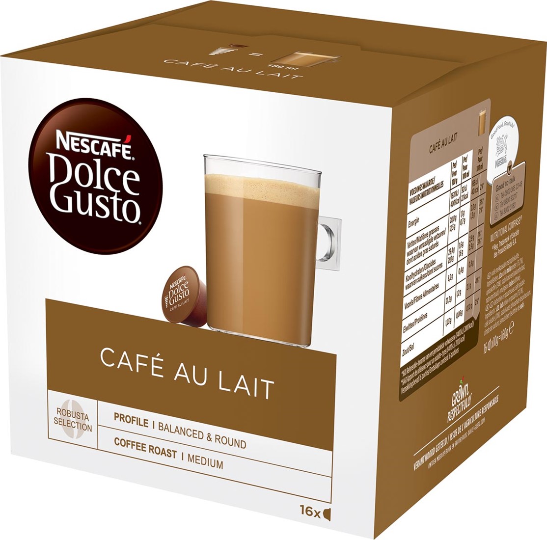 Nescafé Dolce Gusto dosettes de café, café au lait, paquet de 16