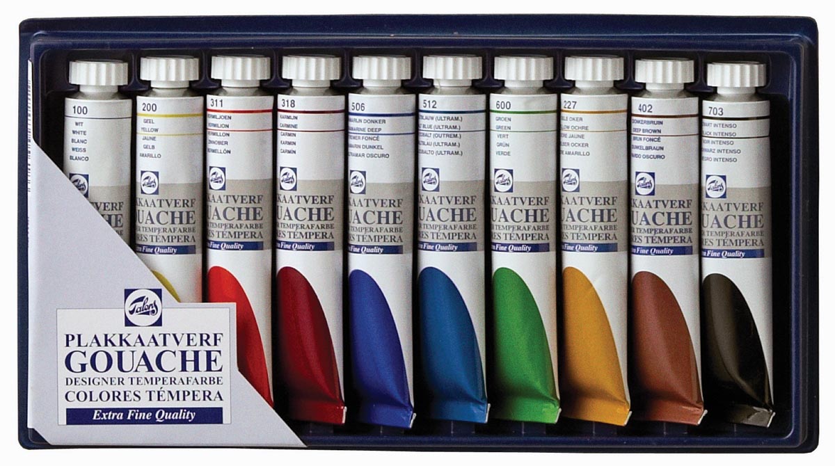 Talens plakkaatverf Extra Fijn tube van 20 ml, doos met 10 tubes in geassorteerde kleuren