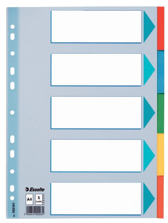 Esselte tabbladen, voor ft A4, uit karton, 5 tabs, geassorteerde kleuren Esselte tabbladen, voor ft A4, uit karton, 5 tabs, geassorteerde kleuren