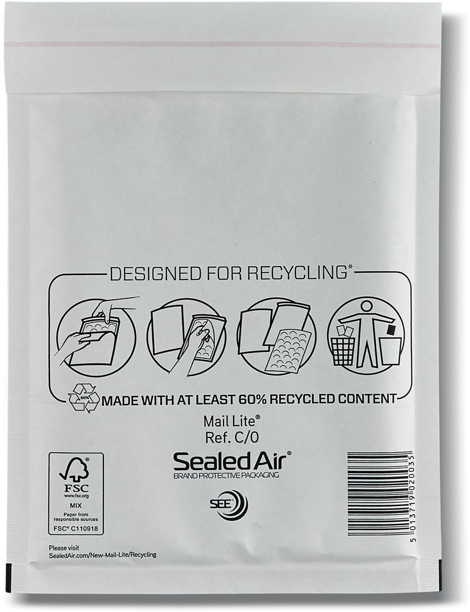 Mail Lite luchtkussenenveloppen, wit, C/0, 150 x 210 mm, doos van 200 stuks
