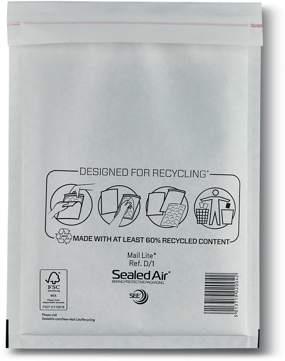 Mail Lite luchtkussenenveloppen, wit, D/1, 180 x 260 mm, doos van 200 stuks