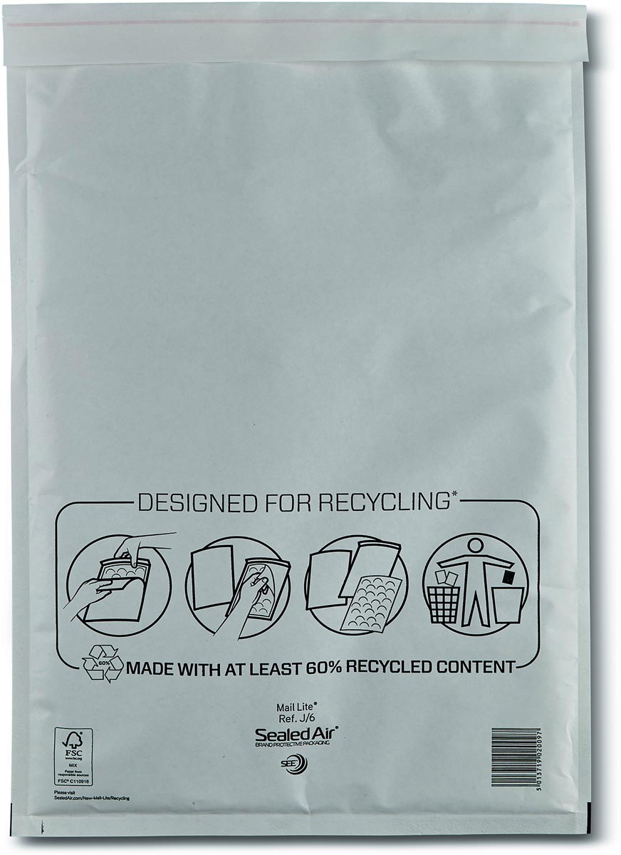 Mail Lite luchtkussenenveloppen, wit, J/6, 300 x 440 mm, doos van 100 stuks