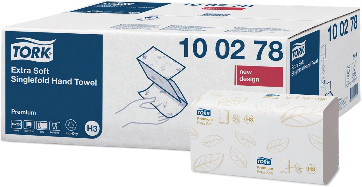 Tork Premium handdoek extra soft, 2-laags, ZZ-fold, systeem H3, wit, 200 sheets, pak van 15 stuks afbeelding