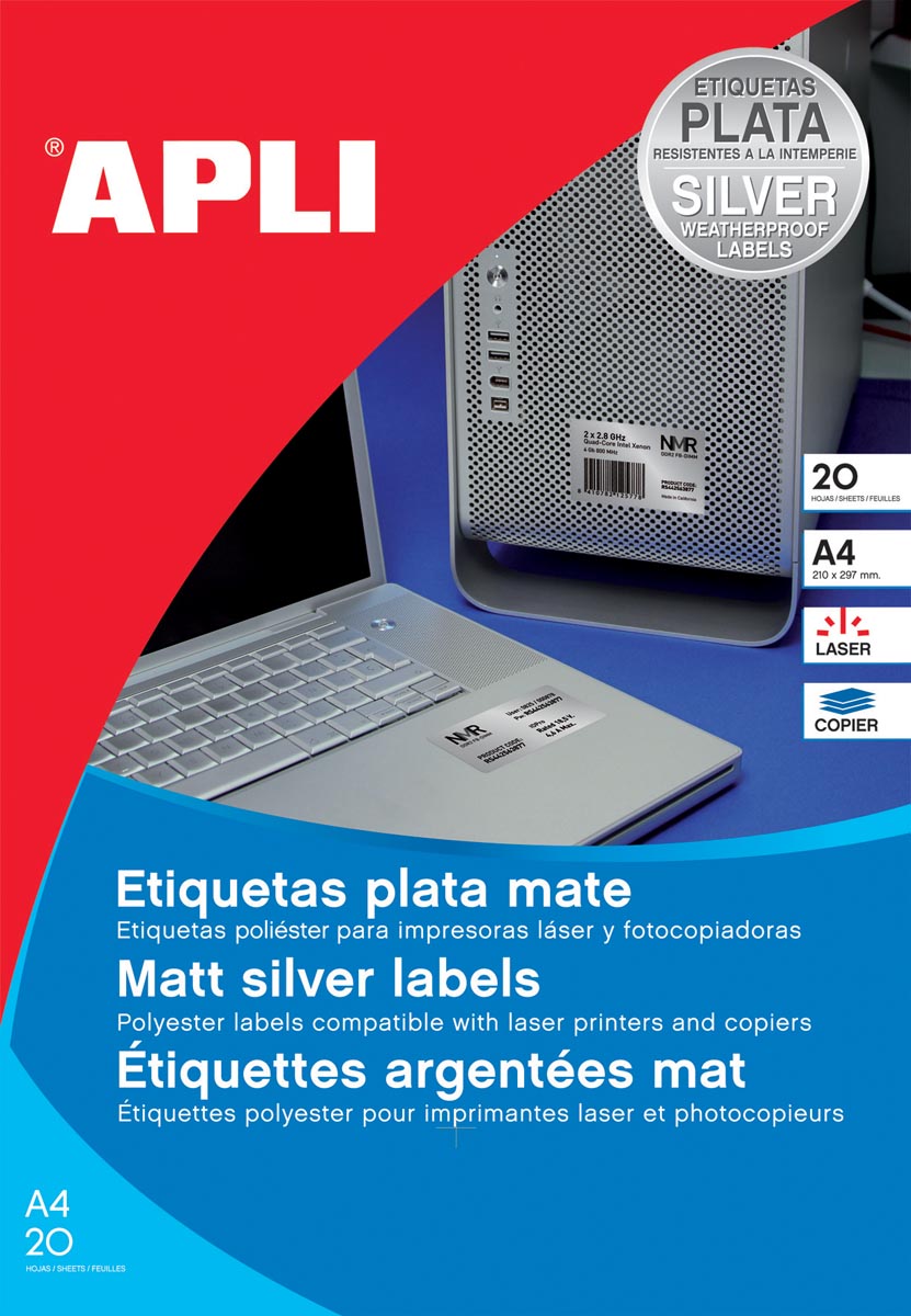 Apli etiketten ft 210 x 297 mm (b x h), 20 stuks, 1 per blad, zilver