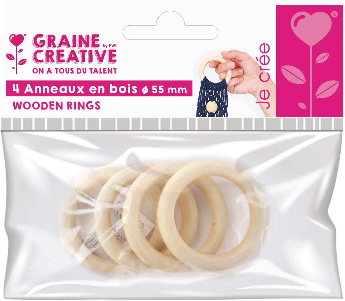 Graine Créative houten ringen, diameter 55 mm, zakje van 4 stuks Graine Créative houten ringen, diameter 55 mm, zakje van 4 stuks