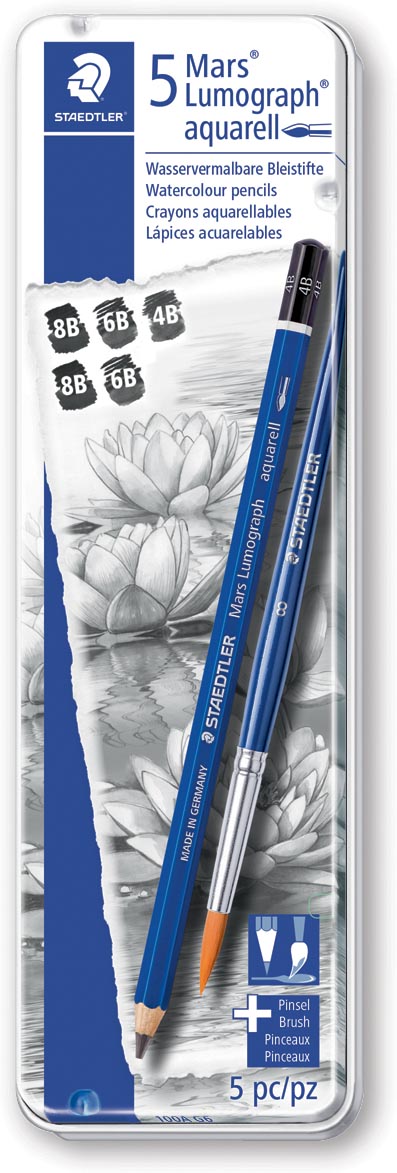 Staedtler potlood Mars Lumograph Aquarel, zwart, doos van 6 stuks in geassorteerde hardheden Staedtler potlood Mars Lumograph Aquarel, zwart, doos van 6 stuks in geassorteerde hardheden