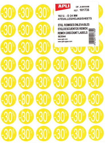 Agipa Kortinglabel -30%, geel, pak van 192 stuks, verwijderbaar