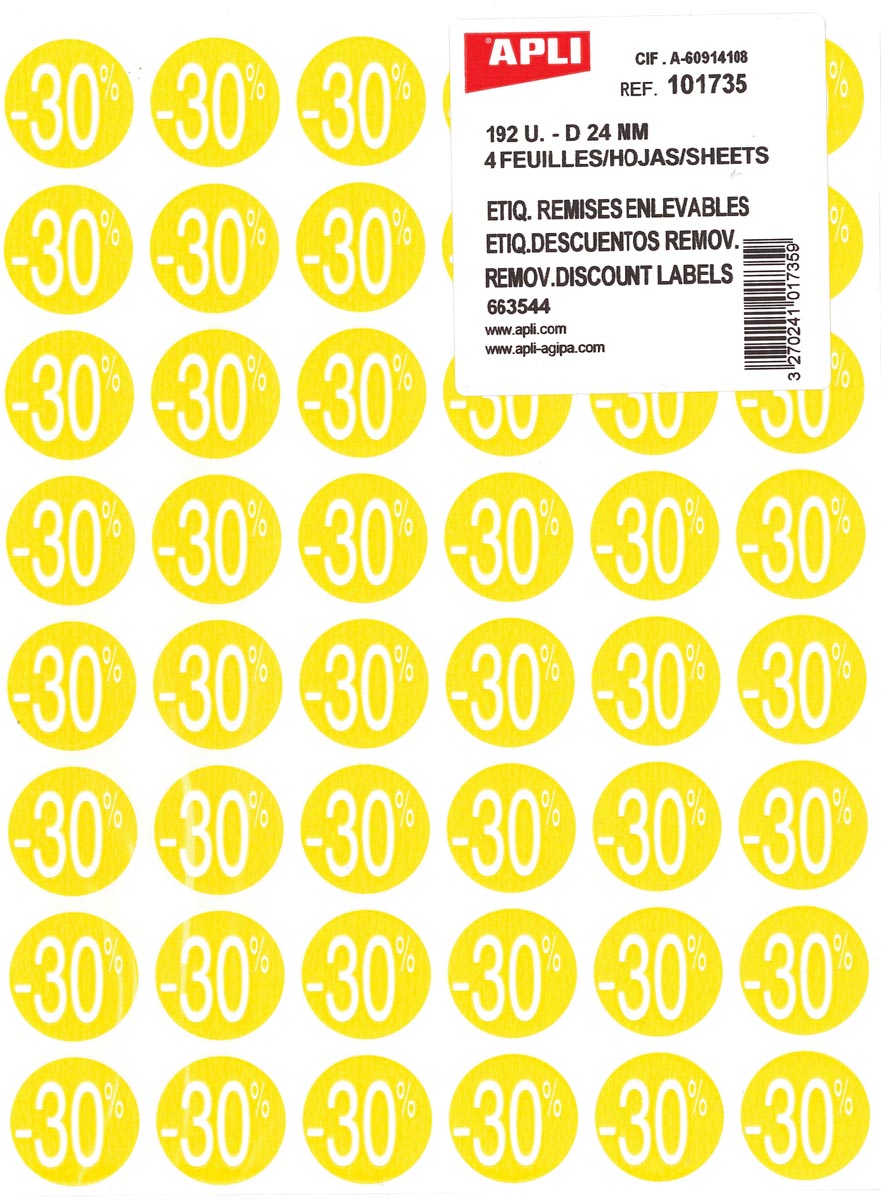Agipa Kortinglabel -30%, geel, pak van 192 stuks, verwijderbaar afbeelding