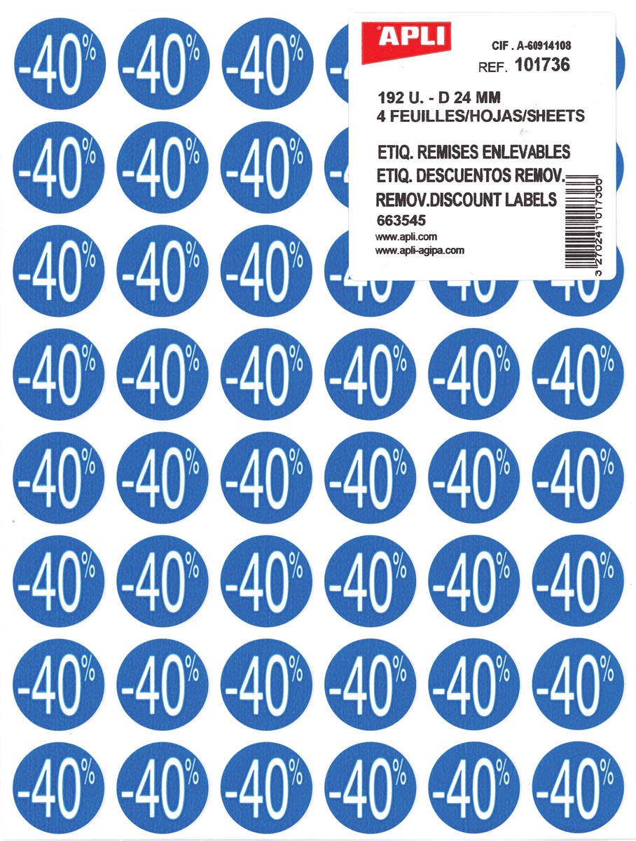 Agipa Kortinglabel -40%, blauw, pak van 192 stuks, verwijderbaar