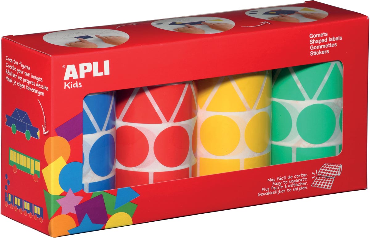 Apli Kids stickers XL, doos met 4 rollen in 4 kleuren en 4 vormen (blauw, rood, geel en groen) afbeelding