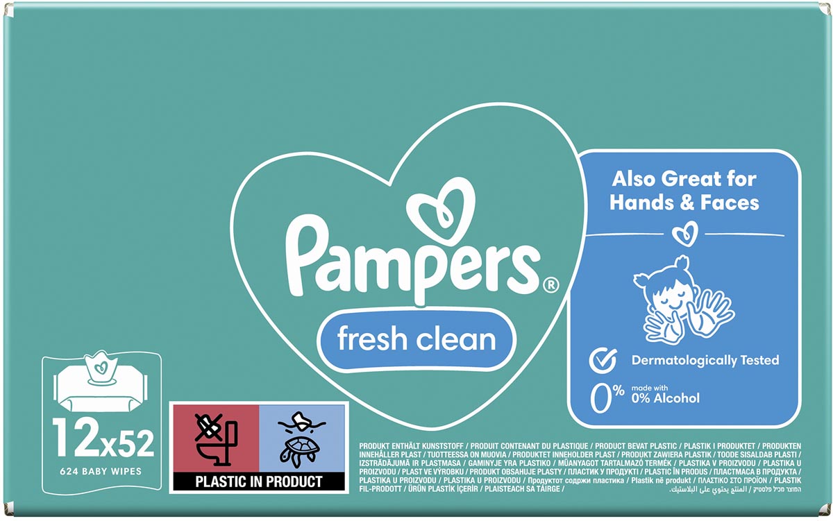 Pampers Fresh Clean vochtige doekjes, doos van 12 x 52 stuks