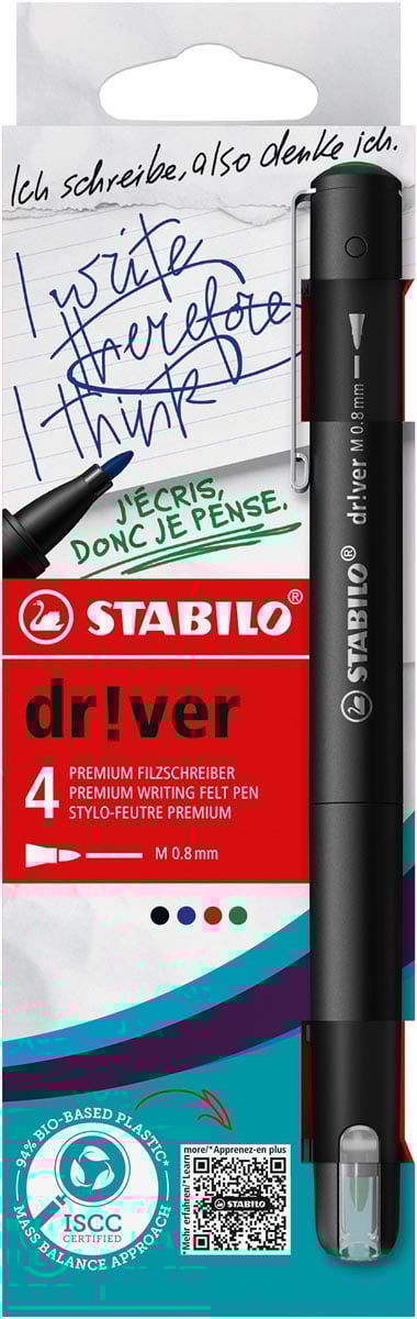 STABILO dr!ver fineliner, medium punt, geassorteerde kleuren, blister van 4 stuks